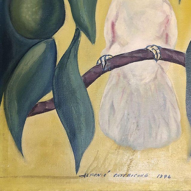 1940s Hawaiian Cockatoos in Tree Acrylic on Canvas Tropical Paining by Alfonso Castricone For Sale In Los Angeles - Image 6 of 6
