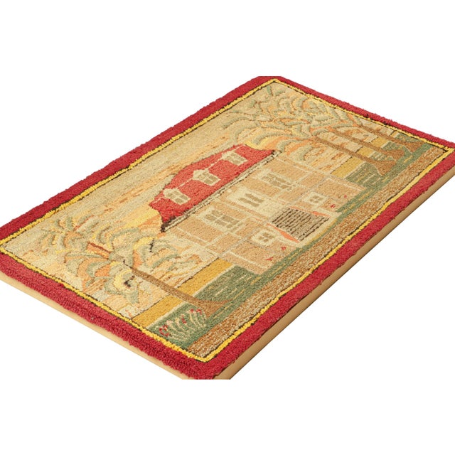 Traditional Antique Framed Hooked Rug, Beige With Country Home Pictorial - Rug & Kilim For Sale - Image 3 of 5