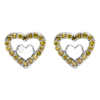 925 Sterling Silver 1/6 Cttw Yellow Diamond Open Double Heart Stud Earrings (Treated Yellow Color, I For Sale