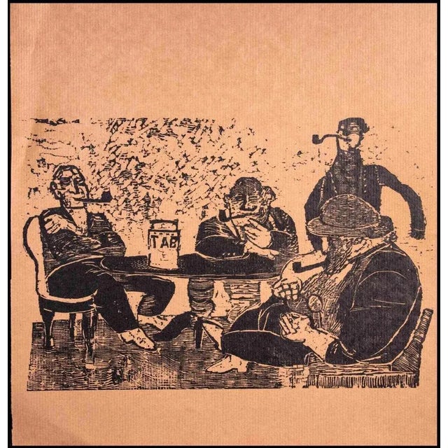 Men Who Smoke the Pipe is an original woodcut print realized by an unknown artist of early 20th century. Good condition on...