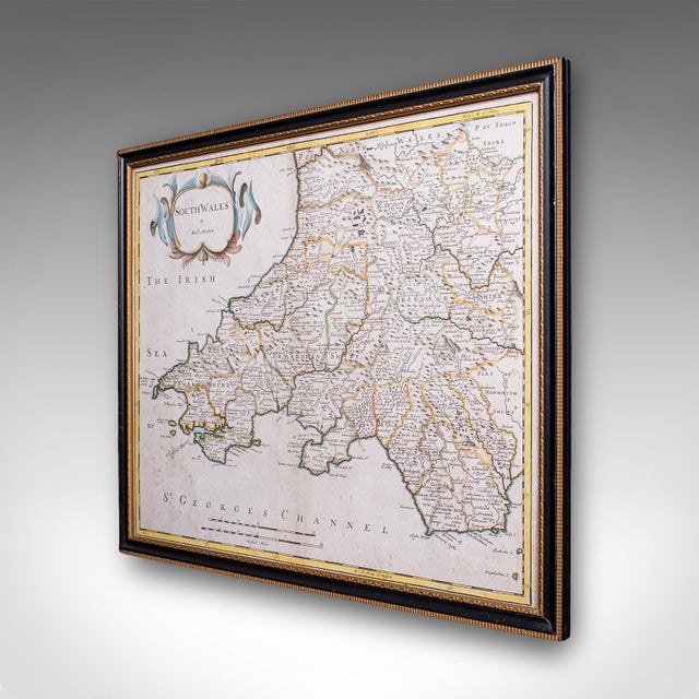 English Antique South Wales Map, English, Framed, Robert Morden Cartography, Circa 1720 For Sale - Image 3 of 12