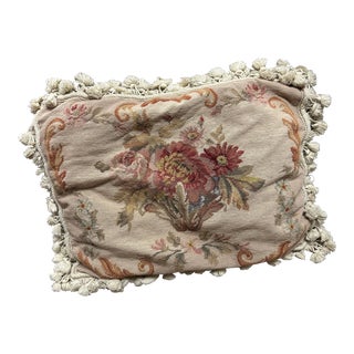 Vintage Needlepoint Floral and Velvet Green Fringed Down Filled Pillow For Sale