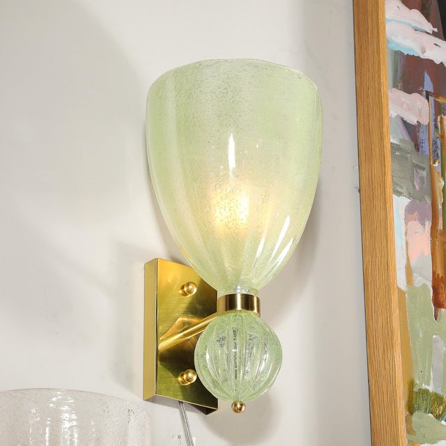 Pair of Modernist Pale Jade Hand-Blown Murano Glass Sconces W/ Brass Fitting For Sale - Image 11 of 12