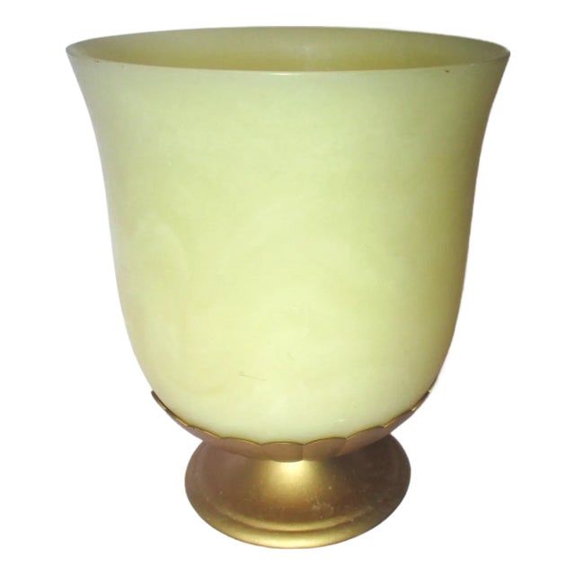 Vintage Hollywood Regency Faux Alabaster Gold Ribbed Metal Pedestal Base Wastebasket For Sale