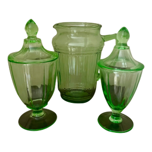 Set of Green Glass Pitcher and Two Canasters
