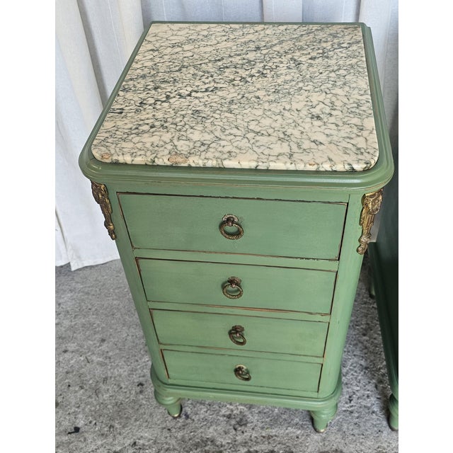 1920s Vintage Pair of Nightstands, French Louis XVI Style Marble-Top For Sale - Image 5 of 18