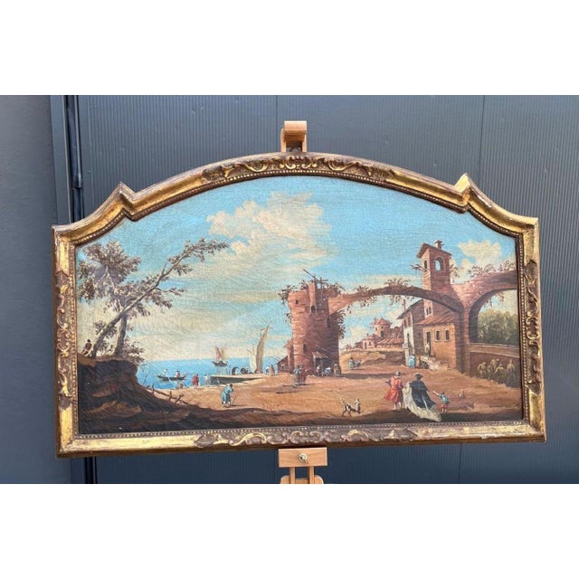 Oil painting on canvas with 18th-century scenes. Attributable to the 18th-century Venetian School, with a richly sculpted...