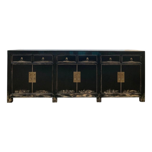 Distressed Antique Black 95" Long Sideboard Buffet Table For Sale