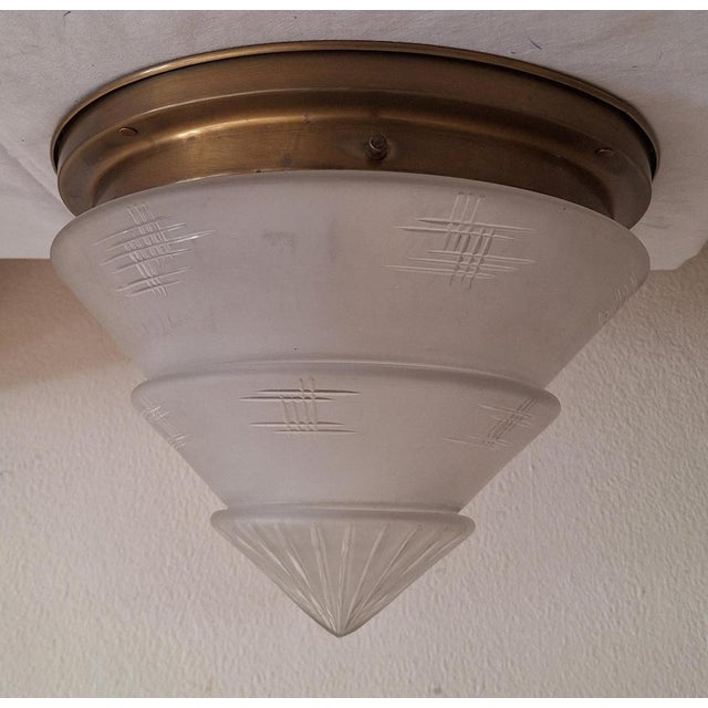 Metal German Art Deco Brass Ceiling Lamp with Cut Glass Shade, 1930s For Sale - Image 7 of 7