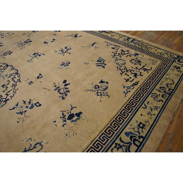 1890s Beige Floral Antique Chinese Peking Rug 11' 9" X 14' 8" Handknotted Wool Carpet For Sale - Image 10 of 10