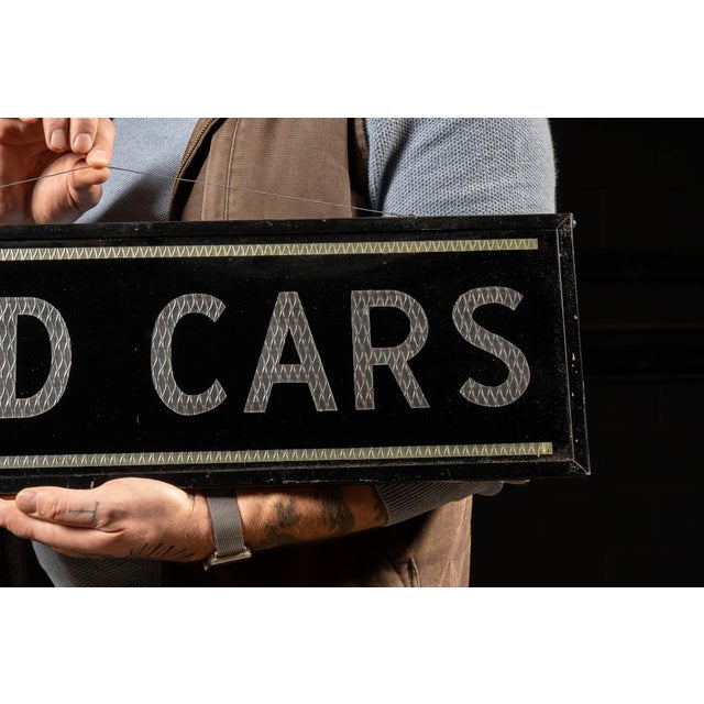 Mid 20th Century Reverse Painted Glass Used Cars Service Station Sign For Sale - Image 4 of 5