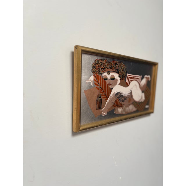 Mid-Century Modern Original Mid-Century Modern Chuck Gruen Painting of Reclining Lady on Silver Foil, Framed and Signed For Sale - Image 3 of 9