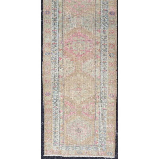 Mid 20th Century Turkish Oushak Runner in Soft Taupe With Faded Rose, Pale Blue, and Cream Accent For Sale - Image 5 of 12