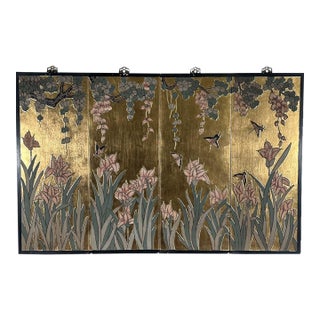 Vintage Chinese Chinoiserie Gilt Wood Wall Panels Panoramic Wisteria and Iris Floral Scene Set of Four For Sale