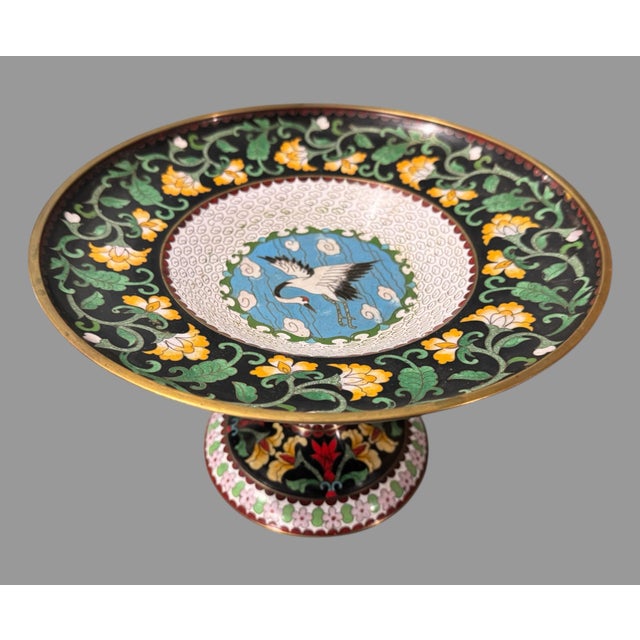 Paint Antique Floral & Egret Enamel Inlay Decorated Chinese Cloisonné Compote Serving Dish For Sale - Image 7 of 7