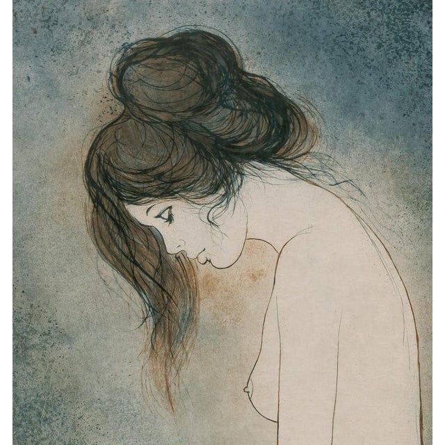 Modern Bernard Charoy, Dominique Against a Blue Background, Nude, Lithograph For Sale - Image 3 of 5