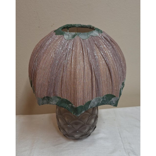 1930s Art Deco Belgian Pineapple Lamp with Frosted Crystal Glass Base and Handmade Fabric Shade by Christalleries De Val St Lambert for Lamplove For Sale - Image 5 of 12