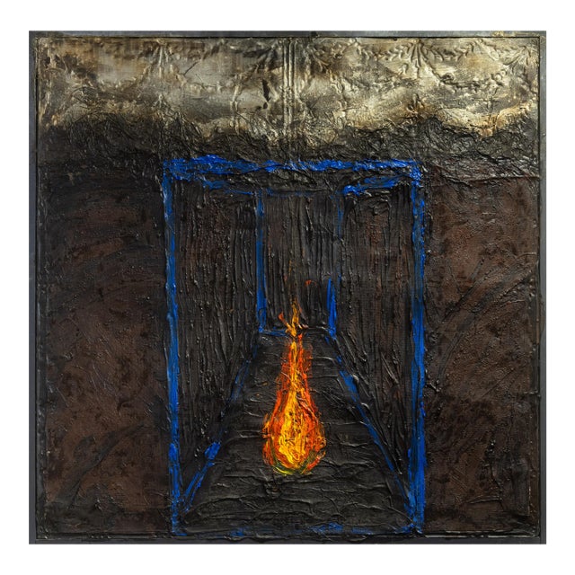 Postmodern Abstract Surrealism Impasto Oil on Antique Wood Paneling Signed For Sale