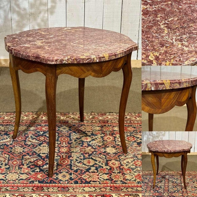 Early 20th-century Louis XV style pedestal table with a marble top, made of rosewood and oak - D=67cm H=58.5cm
