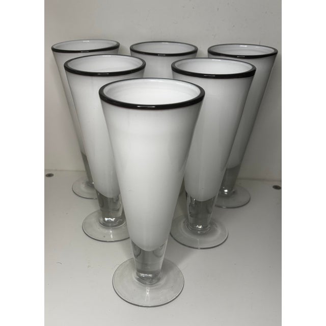 Mid 20th Century Modern White Cased Art Glass Highball Glasses With Black Rims - Set of 6 For Sale In New York - Image 6 of 6