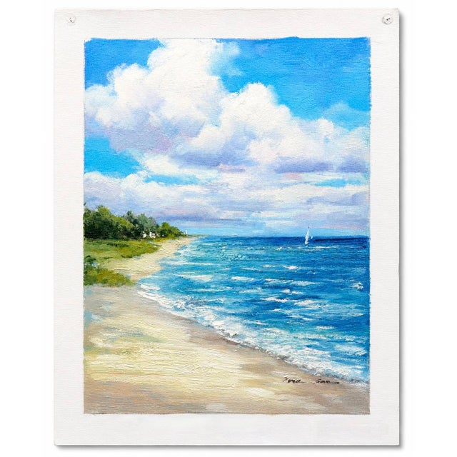 Original oil painting by Eric Son depicting a sunlit shoreline, rolling ocean waves, and dramatic cloud-filled skies. Rich...