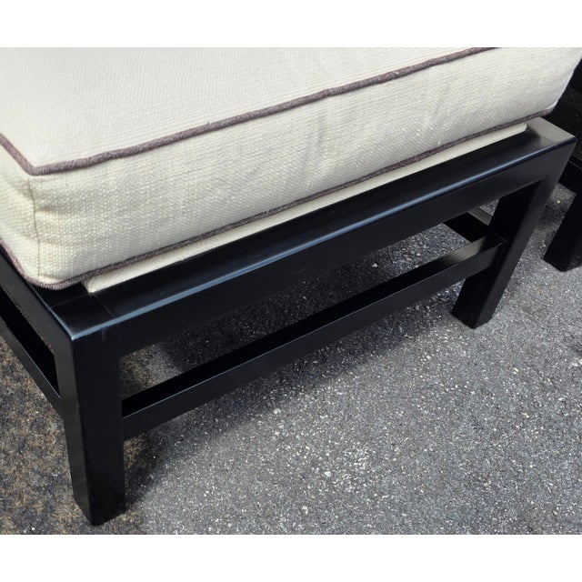 Late 20th Century Pair of Baker Furniture Black Lacquered Wood Frame Ottomans With Ivory Upholstered Cushions For Sale - Image 5 of 8
