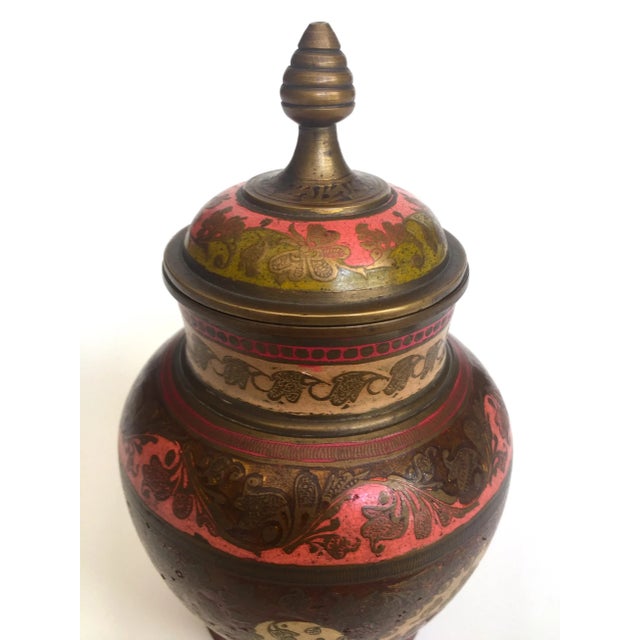 Metal Vintage Mid Century India Brass Incised Multicolor Enamel Incense Urn Lidded Jar For Sale - Image 7 of 13