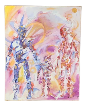 Original Abstract Futuristic Family Painting on Stretched Canvas With Relief
