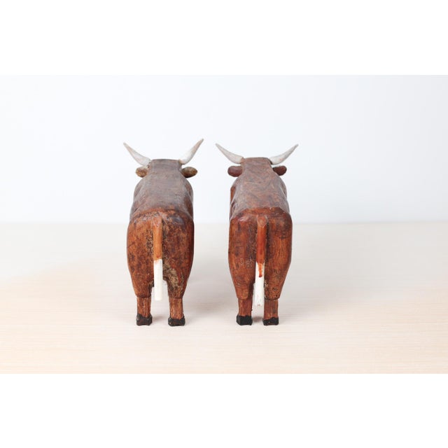 Mid-Century Folk Art Hand-Carved Wooden Bull Sculptures For Sale - Image 13 of 16