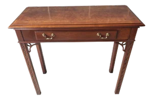 1970s Chippendale Walnut Burl Console Table With Fredwork and Banded Top