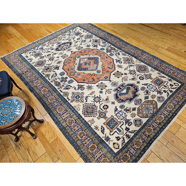Vintage Room Size Ardabil Rug in Geometric Pattern in Ivory, Brick, Pale Blue, Olive For Sale - Image 15 of 16