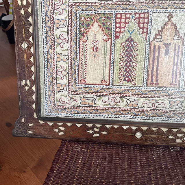 Moroccan Antique Silk Prayer Rug in Antique Wood, Mother of Pearl, and Brass Frame For Sale - Image 3 of 8
