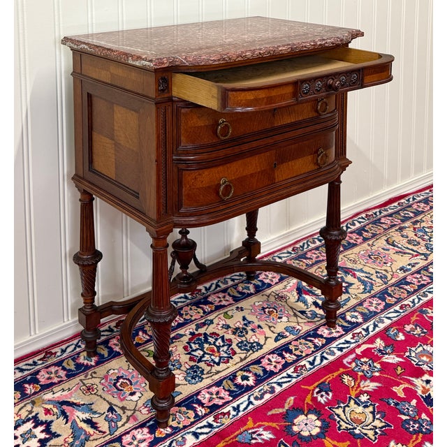 Wood Antique French Louis XVI Style Marble Top Chest Side End Table Walnut c.1920s-30 For Sale - Image 7 of 18