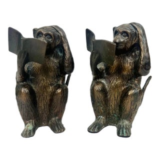 Vintage Brass Monkey Reading Book Figurine & Paperweight , a Pair For Sale