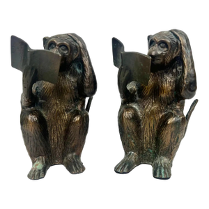 Vintage Brass Monkey Reading Book Figurine & Paperweight , a Pair
