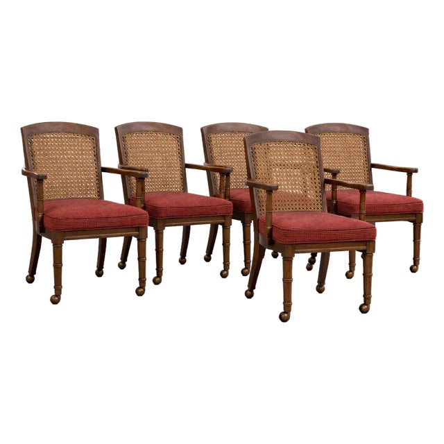 Set of Five Antique Oak Wicker-Back Armchairs With Red Upholstered Seats & Original Casters For Sale