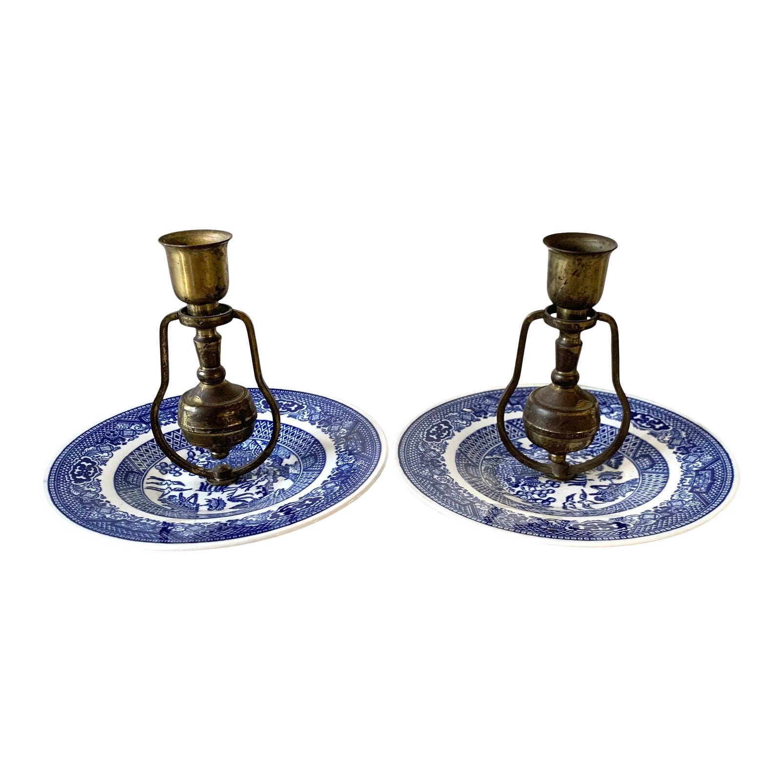 Pair of Blue Willow Candle Holders Chairish