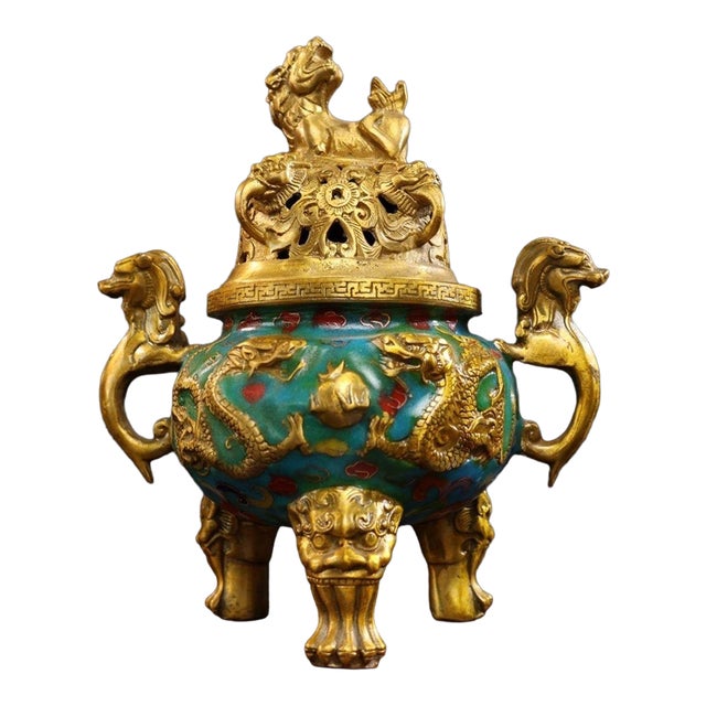 Late 20th Century Cloisonné Enamel Dragon Censer With Gilt Guardian Lion Finial For Sale