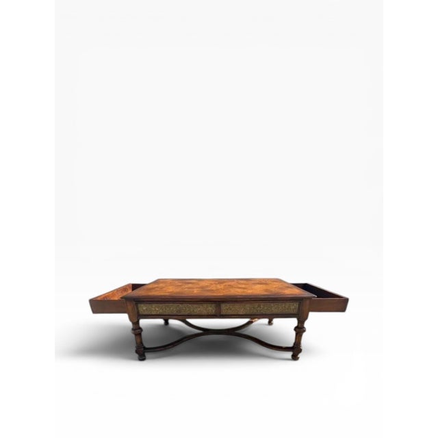 Wood Theodore Alexander “Armoury Collection” Carved Coffee Table – Burled Top + Brass-Accent Drawers For Sale - Image 7 of 17