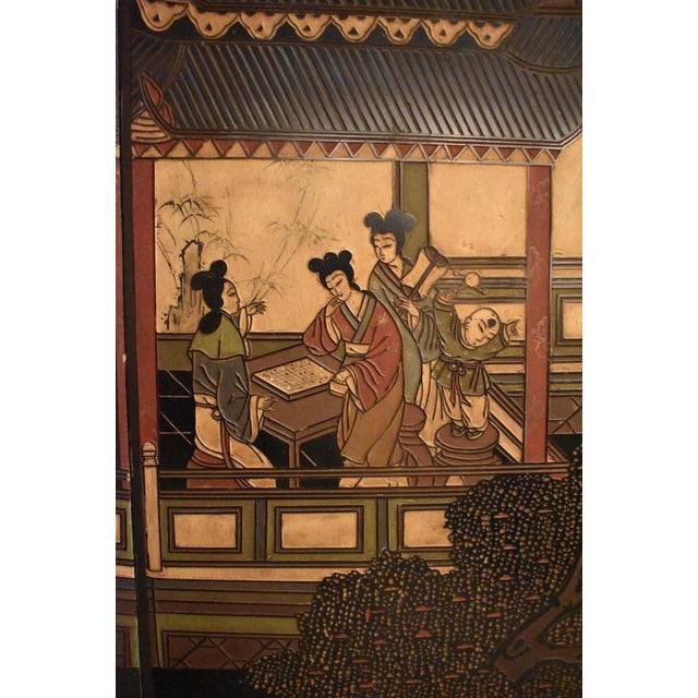 Mid 20th Century Chinese Black Lacquer Coromandel Folding Screen in Four Sections For Sale - Image 4 of 4