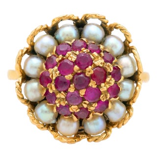 Edwardian Ruby Pearl 18k Yellow Gold Ring, Size 6 For Sale