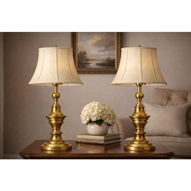 Linen Vintage Solid Brass Table Lamps by Stiffel - a Pair For Sale - Image 8 of 8