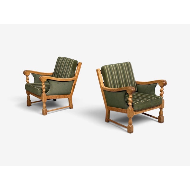 1970s Henning Kjaernulf Style, Lounge Chairs, Oak, Fabric, Denmark, 1970s For Sale - Image 5 of 12