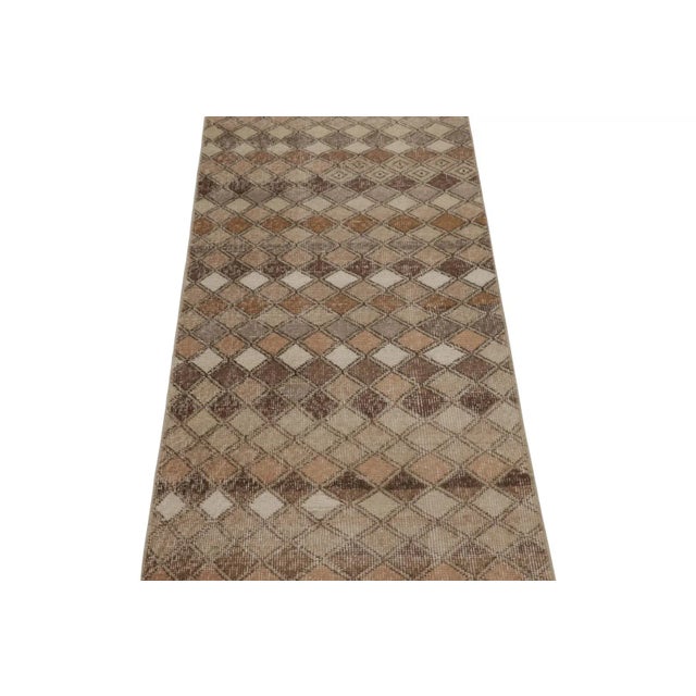 Rug & Kilim Vintage Distressed Runner Rug, Beige-Brown & Gold Geometric Design - Rug & Kilim For Sale - Image 4 of 7
