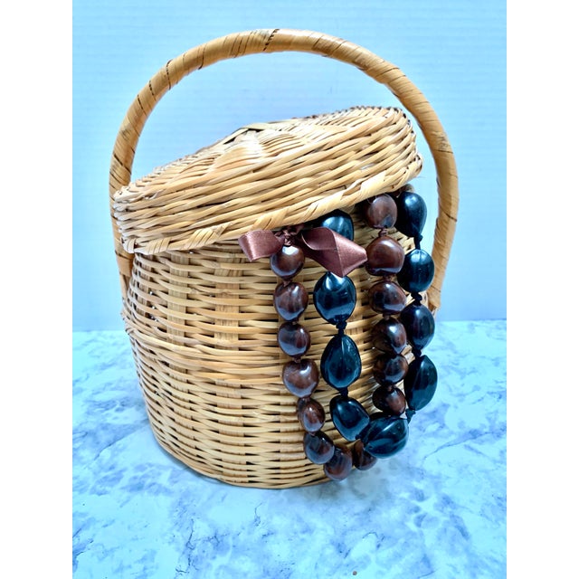 Wood Vintage Wood Woven Storage and Decor Basket With South American Nut Tree Beads. Set of Three For Sale - Image 7 of 12