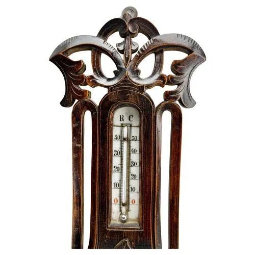 Wall-mounted weather station in carved walnut made in Spa Belgium by Valentine Engel High quality mechanism with Jeweled...