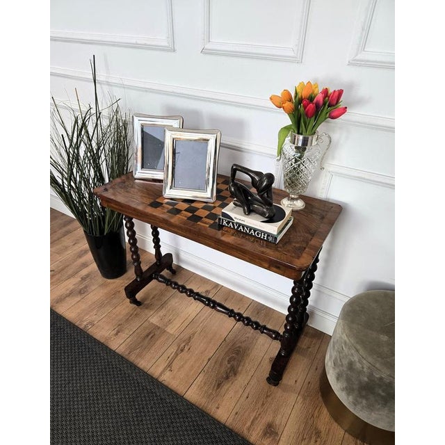 Antique Italian Walnut Burl Inlay Chess Games Side Table with Bobbin Turned Legs, 1890s For Sale - Image 3 of 9