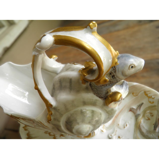 Limoges, France Limoges a Superb & Rare Rocaille-Style Seashell Sauceboat W/ Waves & Fish 1891-1890 For Sale - Image 4 of 10