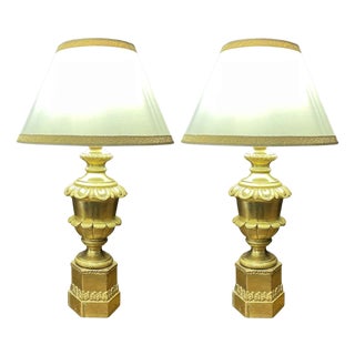 Antique Gilded Pendant Lamps with Lampshades, Set of 2 For Sale