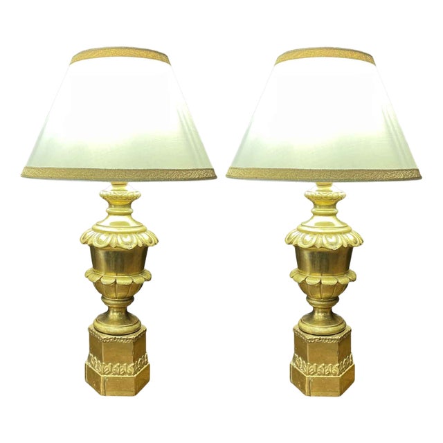 Antique Gilded Pendant Lamps with Lampshades, Set of 2 For Sale